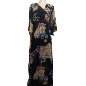 Bailey Blue Black Floral Cross Over Chiffon Maxi Dress Small
